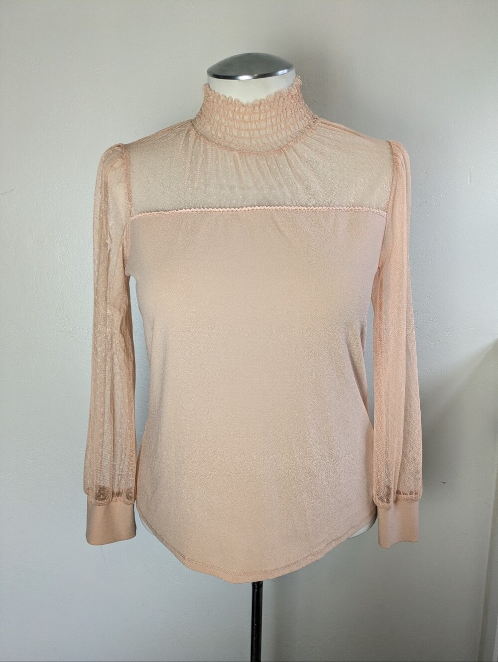 Women's Semi Sheer Blouse Large High Neck Pink